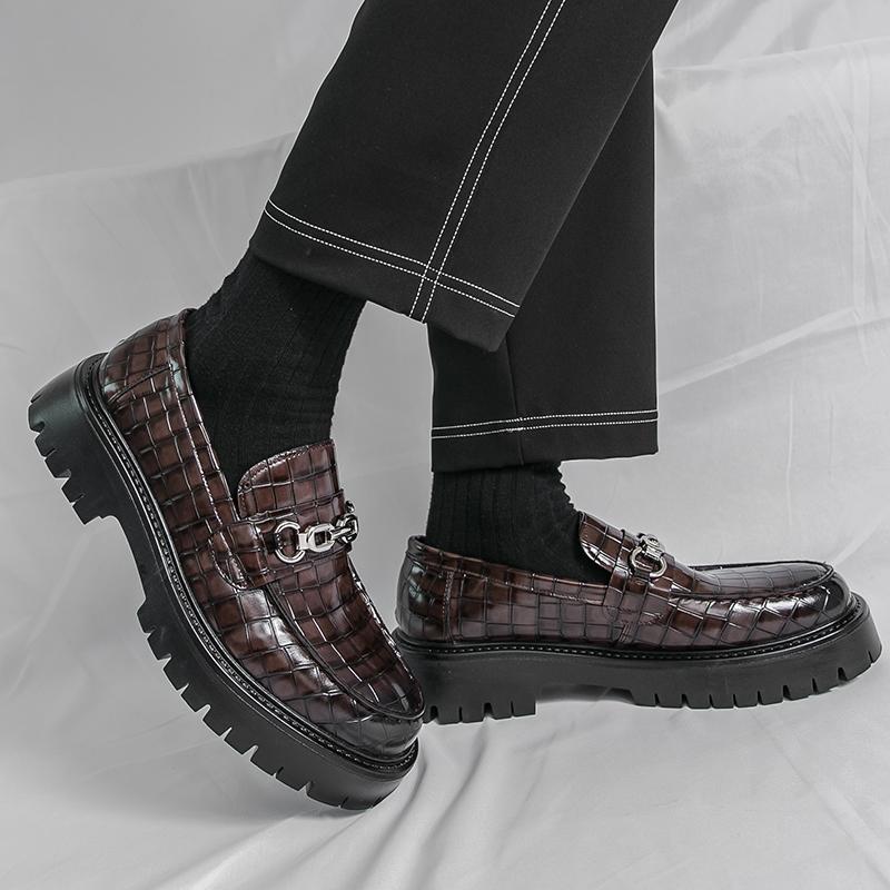 Low-Top Men's Business Shoes Fashionable Thick-Heeled Slip-On Wedding Shoes Four-Season Single Shoes British Style Leather Shoes