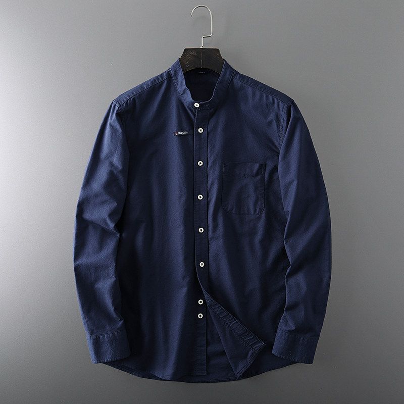 Cut-off American-Style Stand-Collar Long-Sleeve Export Shirt Dark Blue XL