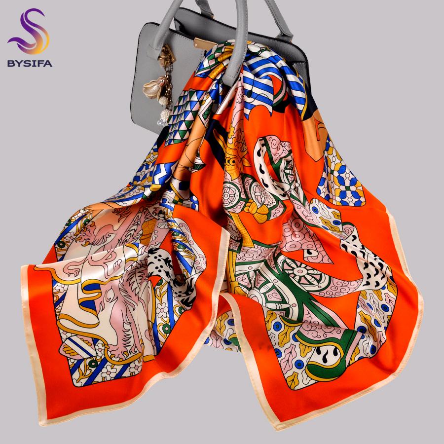 

BYSIFA| New Orange Square Scarves Fashion Horse Design Ladies 100% Silk Scarf Shawl Printed 90*90cm Fall Winter Neck Scarf