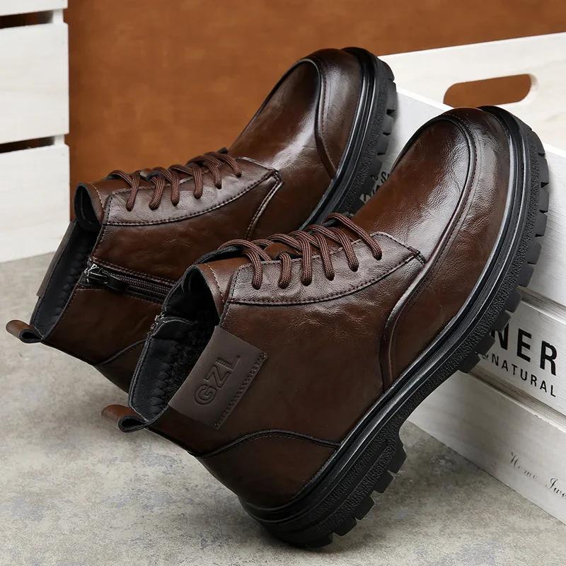 FashionLeather Boots Man Winter High Top Classic Basic England Black Men's Ankle Boots Fashion Young Plush Warm Trendy All-match Shoes