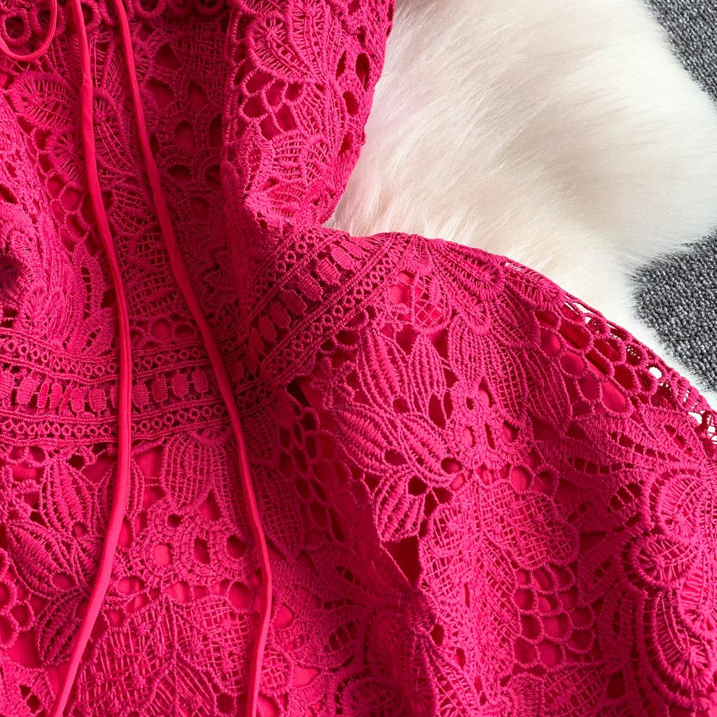 Elegant Lace Hollow Out Long Dresses Women's Holiday Short Sleeve Cape Embroidery Evening Party Summer Dress