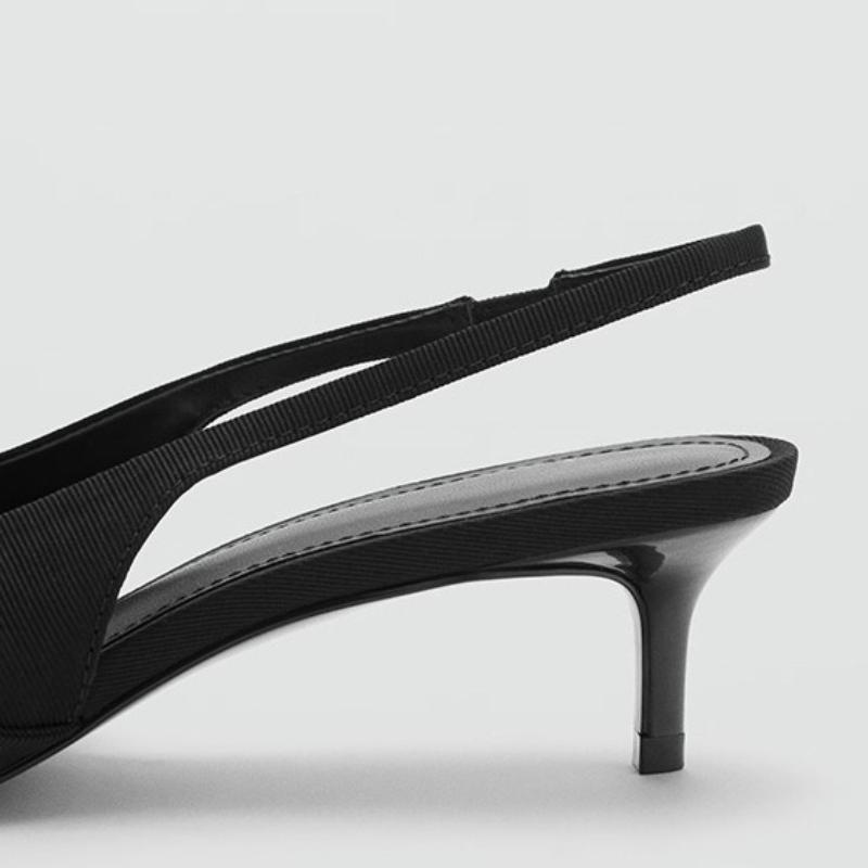 Zwarte Satin Geplooide Strik Design Hoge Hakken Dames Mode Puntige Neus Kitten Hak Slingback Sandalen Elegante Banket Schoenen