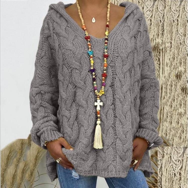 Autumn Winter Women's Solid Colour Cable Knit Hooded Sweater Luxurious Relaxed-fit Slimming and Versatile Top