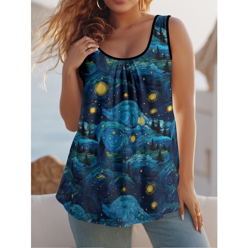 Plus Size Comfortable Summer Casual And Elegant Vacation Style Painting Night Sky Landscape Elements 1XL