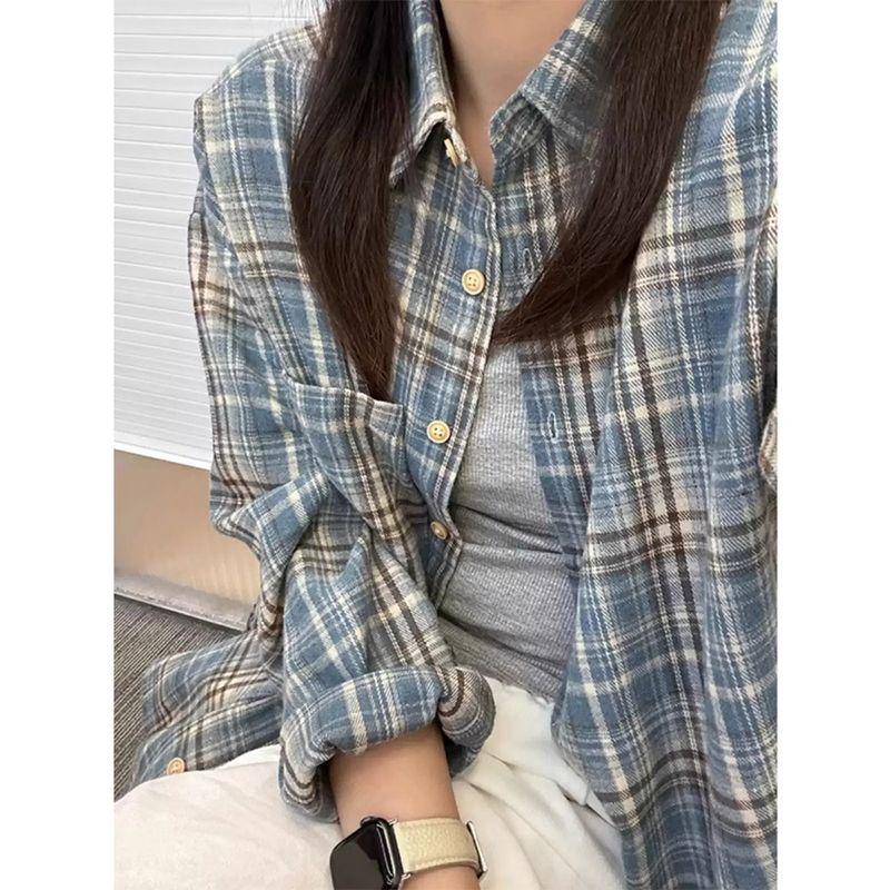 American Vintage Sanding Plaid Shirts Women's Long Sleeve Outerwear 2025 Spring and Autumn Top Blue High-Grade Inner Wear Shirt