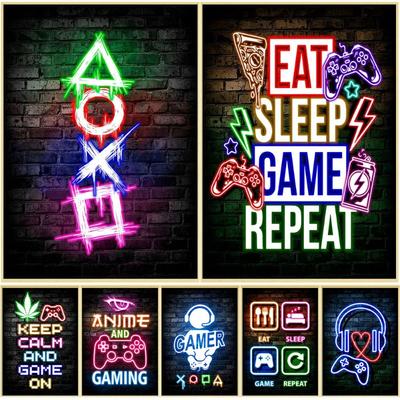 Pôster de Lona Neon para Jogos Comer Dormir Jogar Repetir Decoração para Quarto de Gamer Arte para Quarto de Esports Decoração de Casa Presente Pintura Decoração de Parede