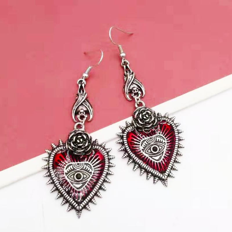 Dual Heart Rose Gothic Punk Earrings with Demon Eye and Bat Design фото