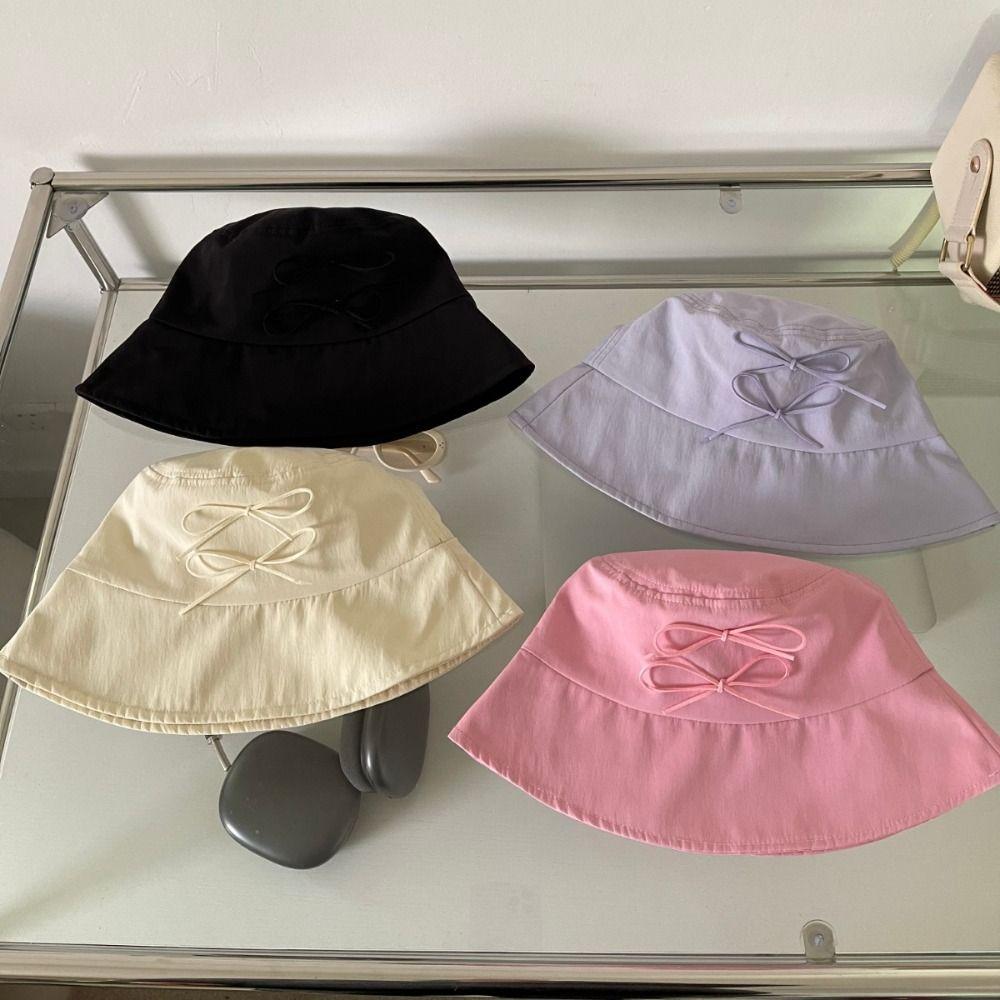 Solid Color Bowknot Fisherman Hat Sunscreen Canvas Basin Hat Male Bow Bucket Hat  Travel