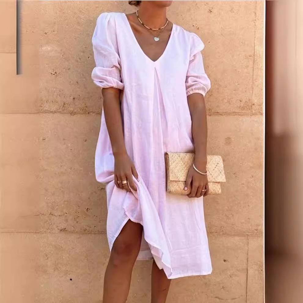 

2023 Хлопок Лен Однотонное Платье Миди с Длинным Рукавом Повседневное Q254 L розовый