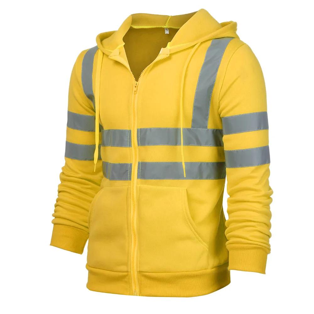 Men Reflective Strip Hoodies Casual Fit Work Safety Jackets Autumn Thin Fleece Hooded Zipper Sweatshirt Coats Workwear for Men