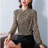 Spring Autumn New Temperament Chiffon Bottoming Shirt Women's Fashion Stand Collar Print Long Sleeve Blouse M-4XL