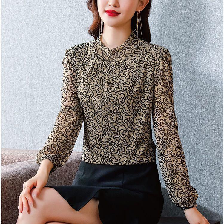 Spring Autumn New Temperament Chiffon Bottoming Shirt Women's Fashion Stand Collar Print Long Sleeve Blouse M-4XL