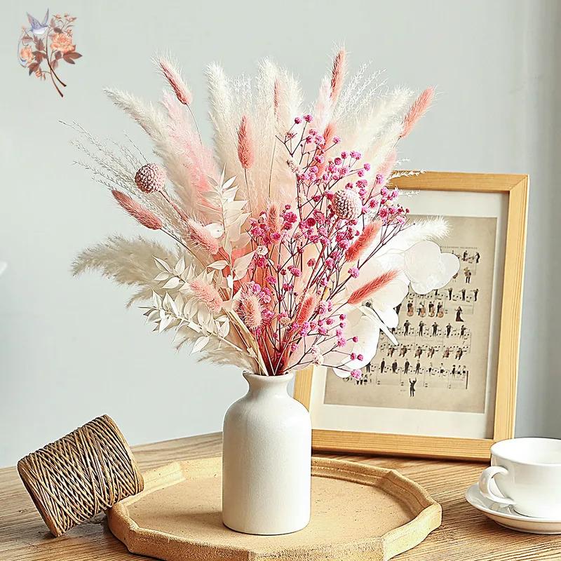 Bouquet of dried flowers pink and white, table centerpieces for weddings, natural pampas grass, real northern gypsophila