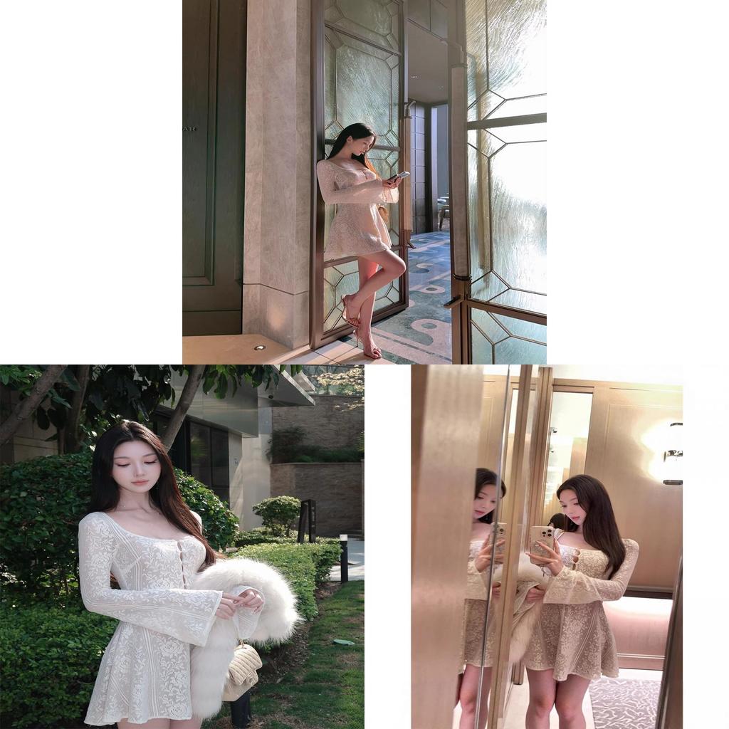 French Lace Hollow Long Sleeve Dress For Ladies Autumn Winter Chic Aline Short Skirt