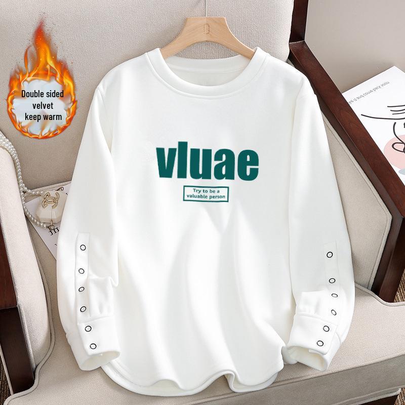 

Women s Long Sleeve Cotton Fleece T-Shirt - Plus Size, Round Neck, Solid White 3XL [135-150 lbs]
