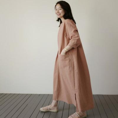 Nuevo Vestido de Algodón y Lino para Mujer de Longitud Media Estilo Coreano Holgado Talla Grande Bolsillo Grande Falda Casual de Lino