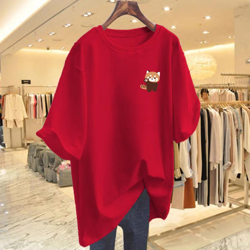 2025 Women's Summer Loose Fit Letter Print Round Neck Mid-Length T-Shirt