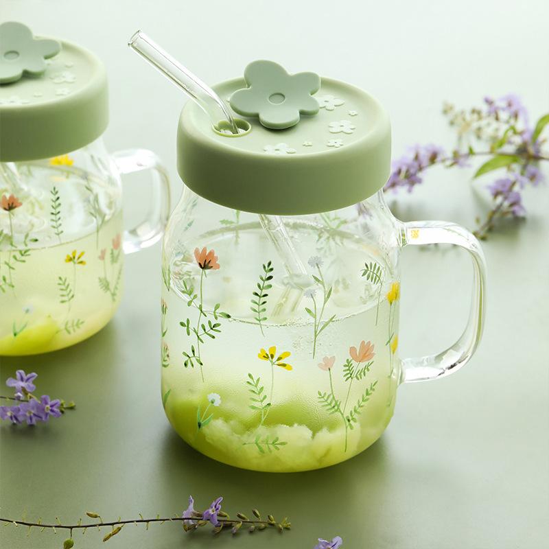 Tasse à motif d'herbe 600/780 ml avec paille et couvercle Gobelet en verre avec tasse graduée résistante à la chaleur pour café lait boisson
