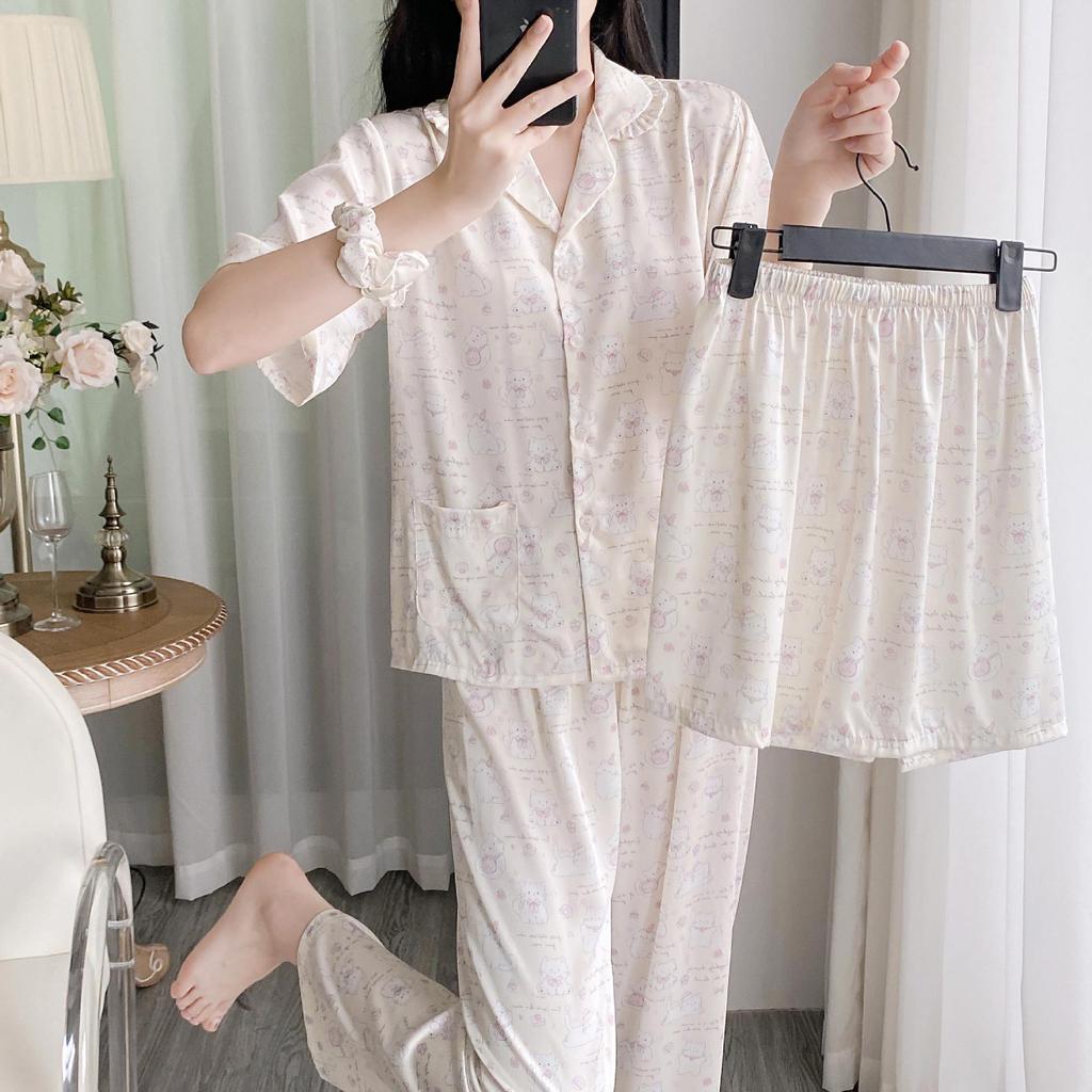 Women's Cute Cartoon Ice Silk Pajama Set - Short-Sleeved Three-Piece Summer Loungewear (TX0043)