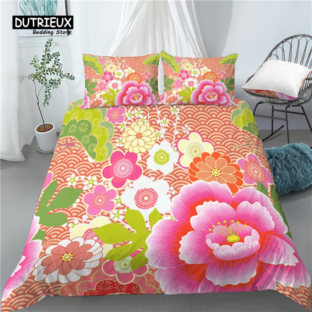 Luxury 3D Japanese Flowers Print Home Living  2/3Pcs Comfortable Duvet Cover PillowCase Bedding Set Queen and King EU/US/AU Size