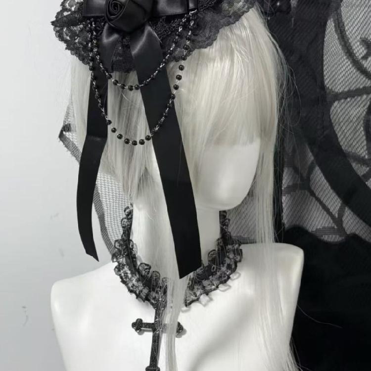 Lace Headpiece Gothic Lolitas Headwear Subcultures Hair Accessories Rose Bead Chain Headdress Top Hat Hair Clips Gifts