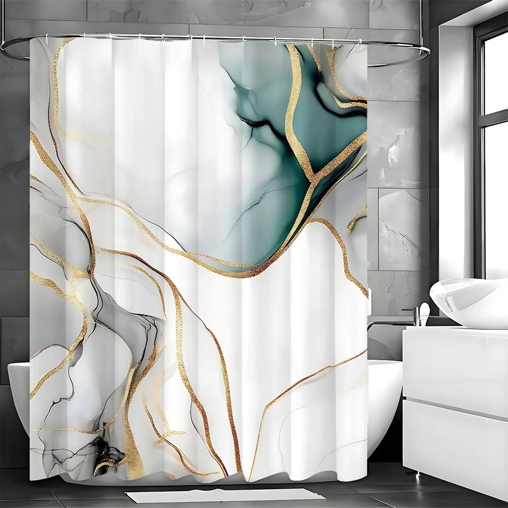 Marble Pattern Blue White Gray Gold Shower Curtain, Bathroom Decorative Shower Curtain, Waterproof Shower Curtain With Hooks W60H190(CM)-1 Pcs