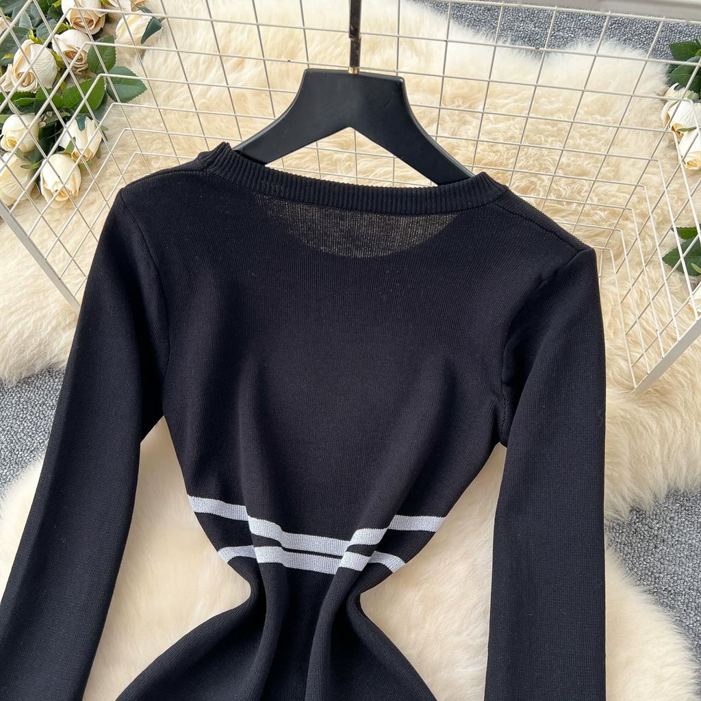 Spring Autumn Women Vintage Hepburn Style Black Full Sleeve Knitted Sweater Slim Fishtail Dresses