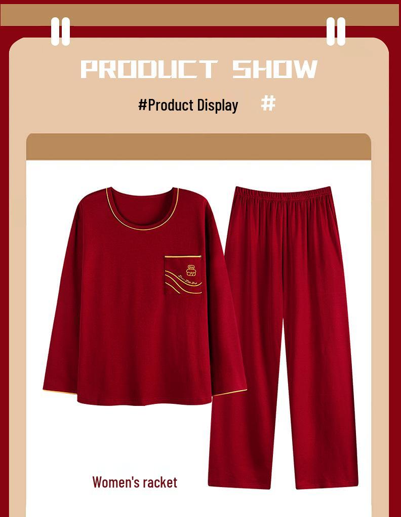 Red Cotton Couple Pajamas - Sweet, Cute, Loose, Long Sleeve Set for Spring/Autumn Newlyweds