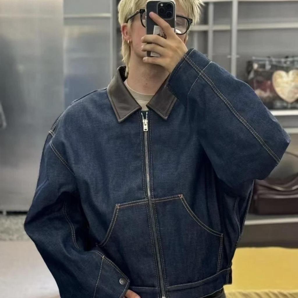 Wysokiej jakości Retro Dżinsowa Bawełniana Kurtka z Klapami i Zamkiem - Luźne Okrycie Wierzchnie w Stylu Stodoły