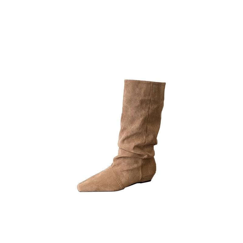 Vintage Pleated Pile Boots Pointed Invisible Inner Heightening Western Cowboy Boots Medium Boots Suede Maillard Boots Women