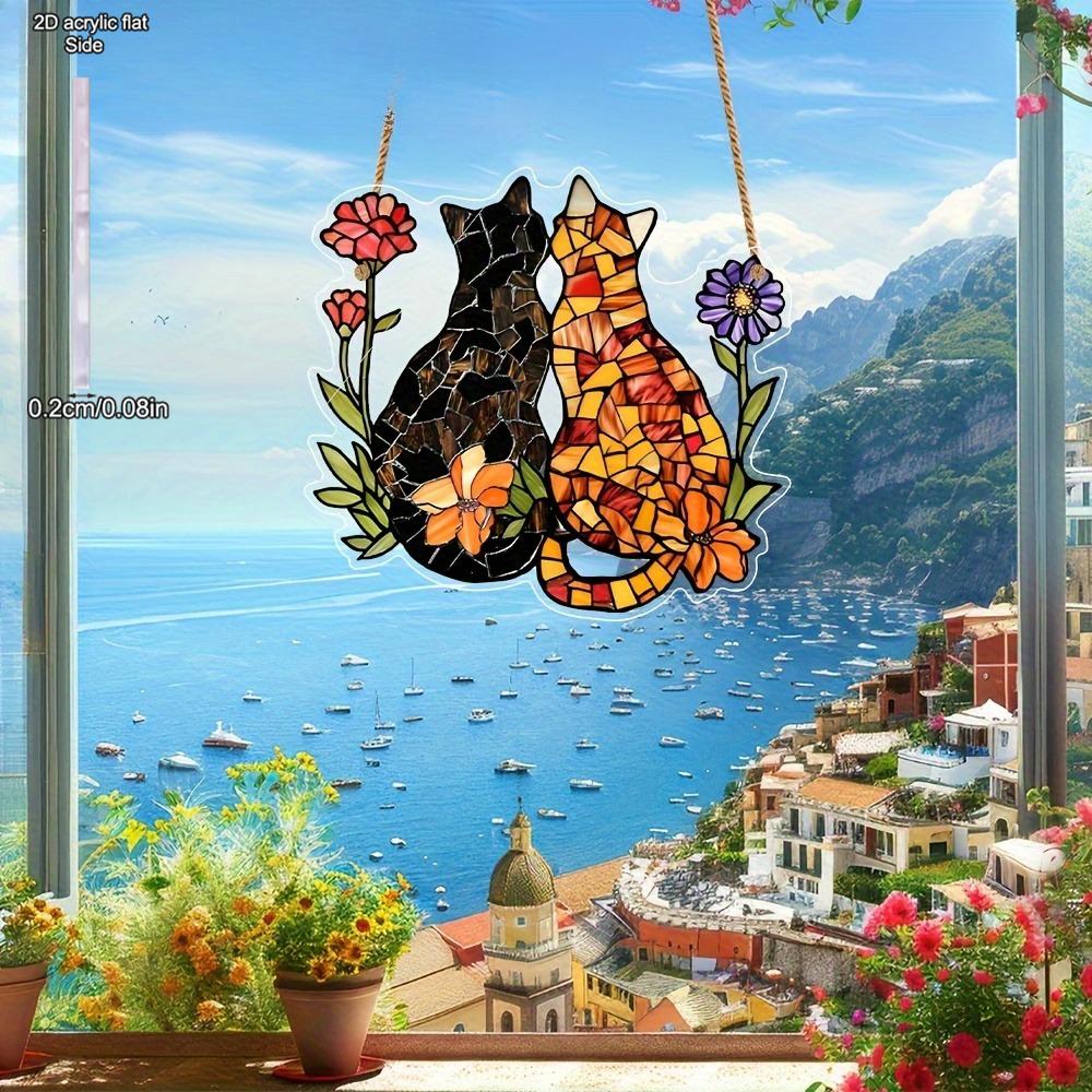 Cat and Flower Colorful Window Hanging, Cat and Flower Sun Catching Window, Indoor and Outdoor Home Decoration Garden Decoration, Suitable for Wedding