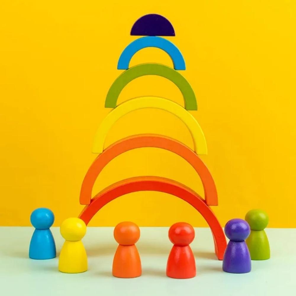 Wooden Building Blocks Rainbow Arched Semicircle Colorful Minion Toys for Early Childhood Education Color Cognition Souptoys
