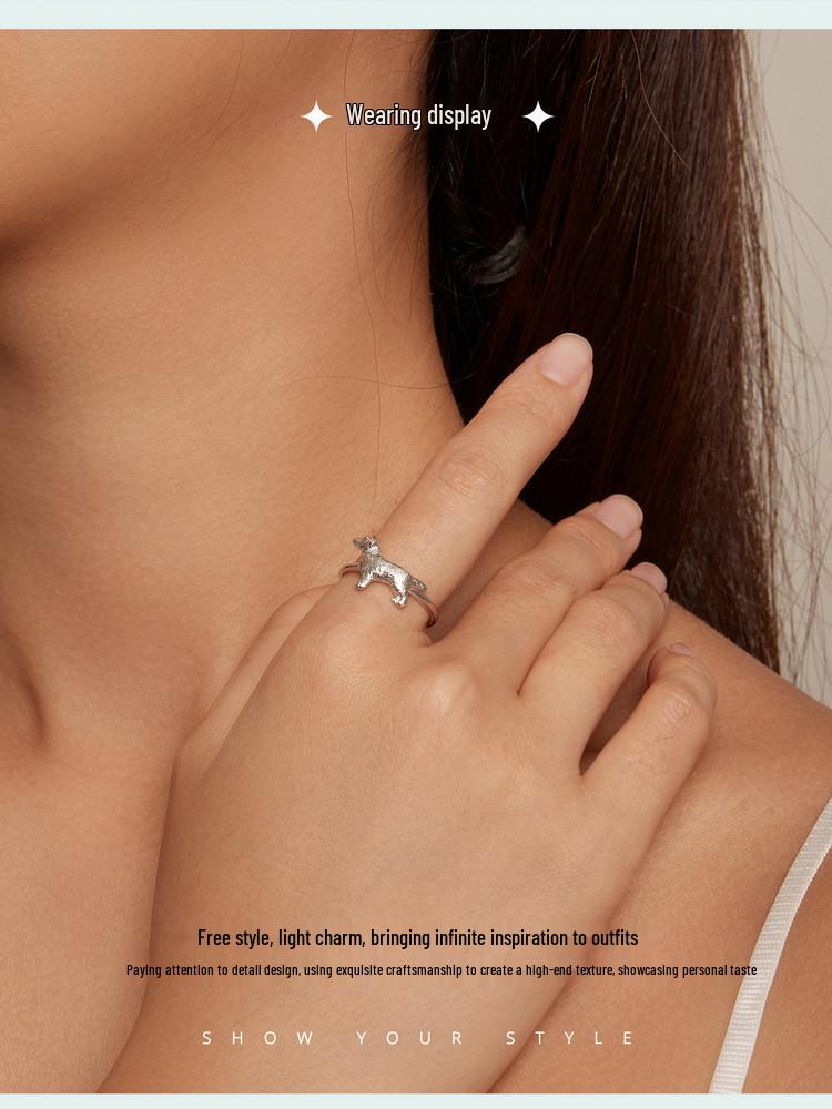 Yinziyun Cute Golden Retriever Puppy Open Ring - 925 Sterling Silver for Men & Women