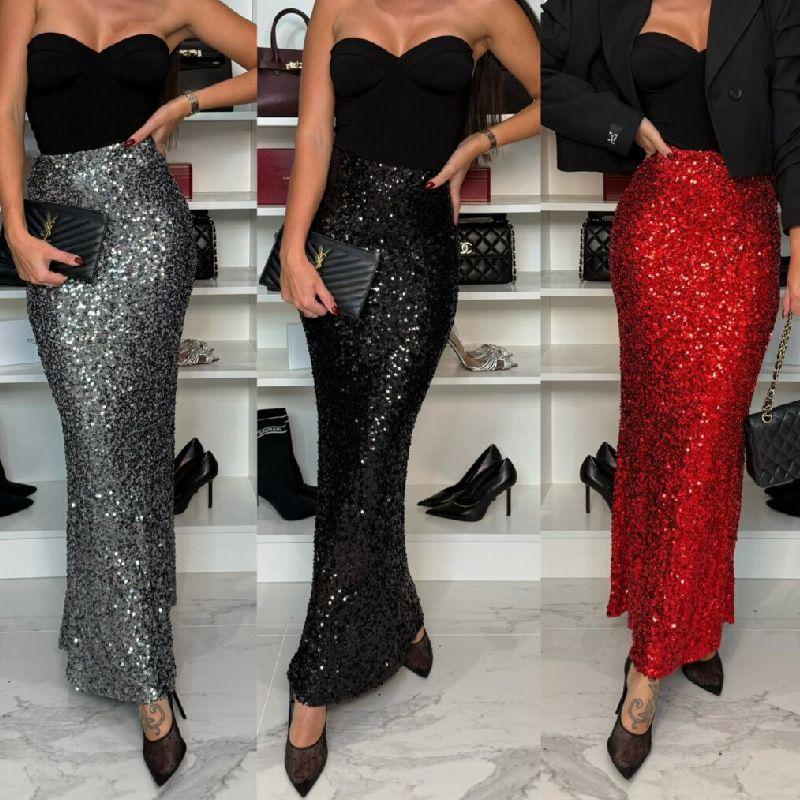 Sequined Skirt2025 New European and American Fashion Elastic High Waist Nightclub Sequined Midi Skirt for Women
