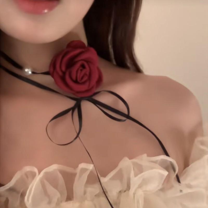 Lolita Camellia Choker Necklace for Women - Dark Clavicle Chain, Maid Style Neckband Collar