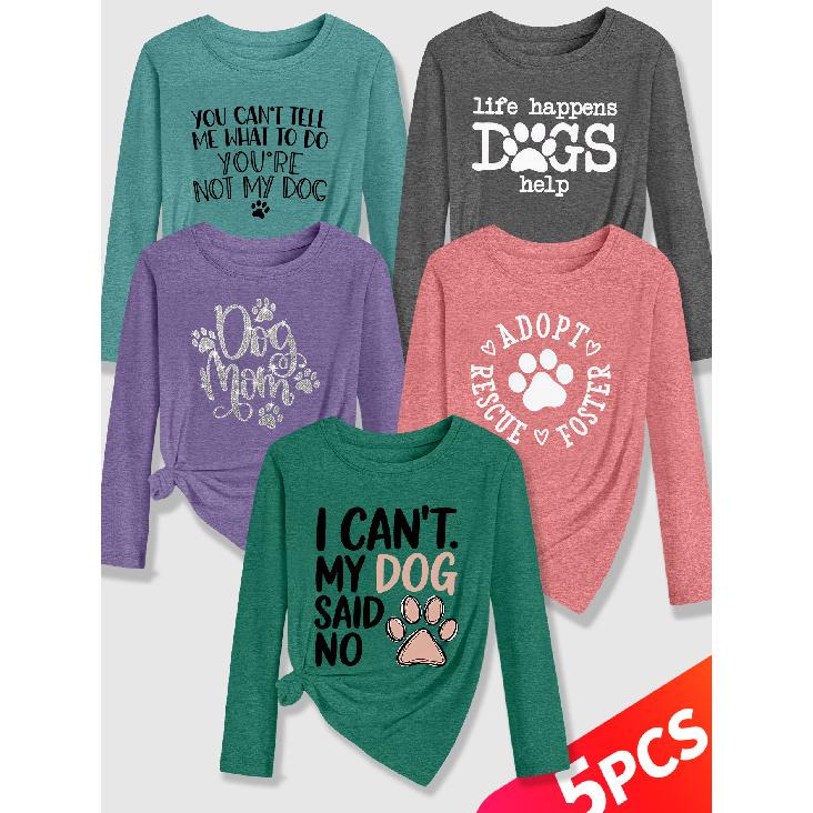 Lele Orientation Five-piece women's long-sleeve set Paw print canine-themed fun English phrases with a healing retro print Spring, Summer, Autumn
