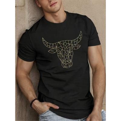 Europäische Größen Herren T-Shirt mit Stierkopf-Aufdruck - Atmungsaktives Sommerhemd mit Stierhörner-Design, Leichte Dehnung, Rundhals, Lässiges Oberteil