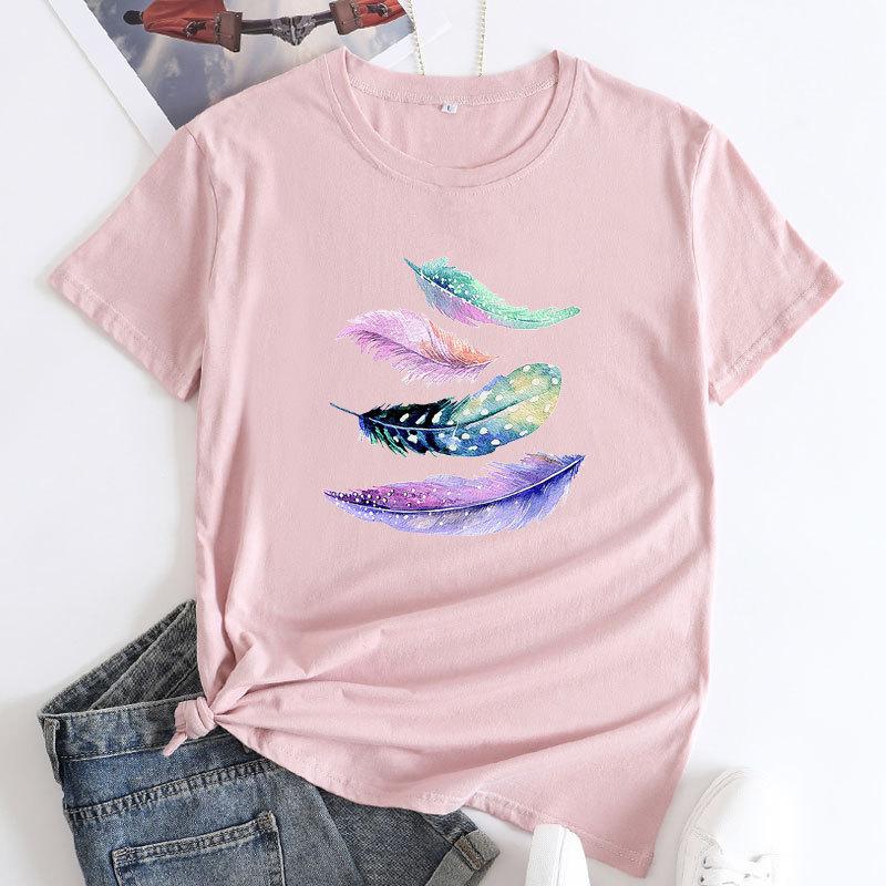 Summer Round Neck Colorful Feather Print Top Fashionable Casual Cute Short Sleeved Women's Pure Cotton T-shirts