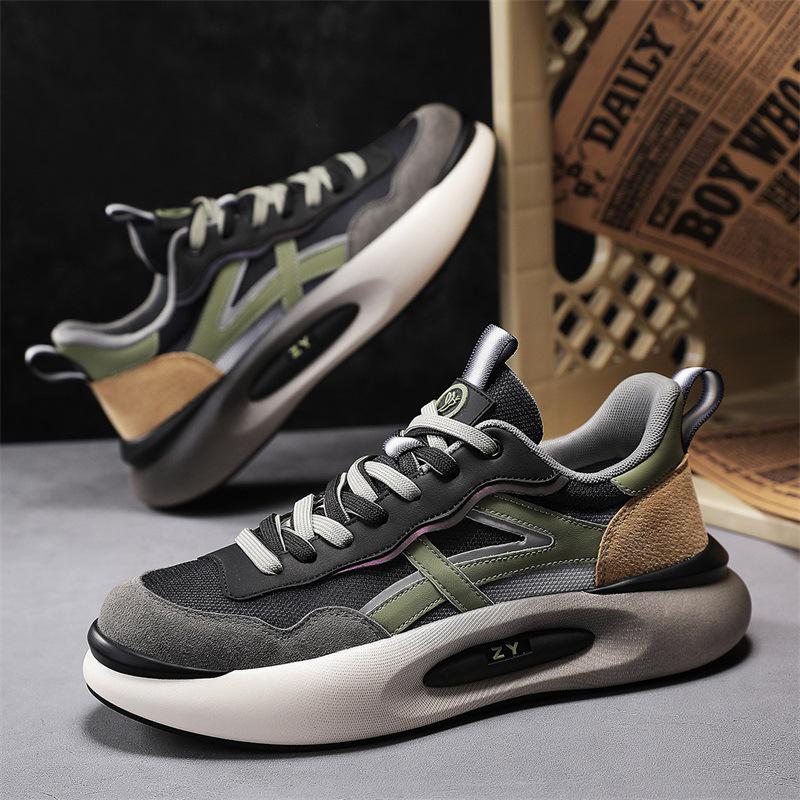 Men's Retro Genuine Leather Sneakers - Thick Sole, Breathable Mesh, All-Season Casual Fashion Shoes