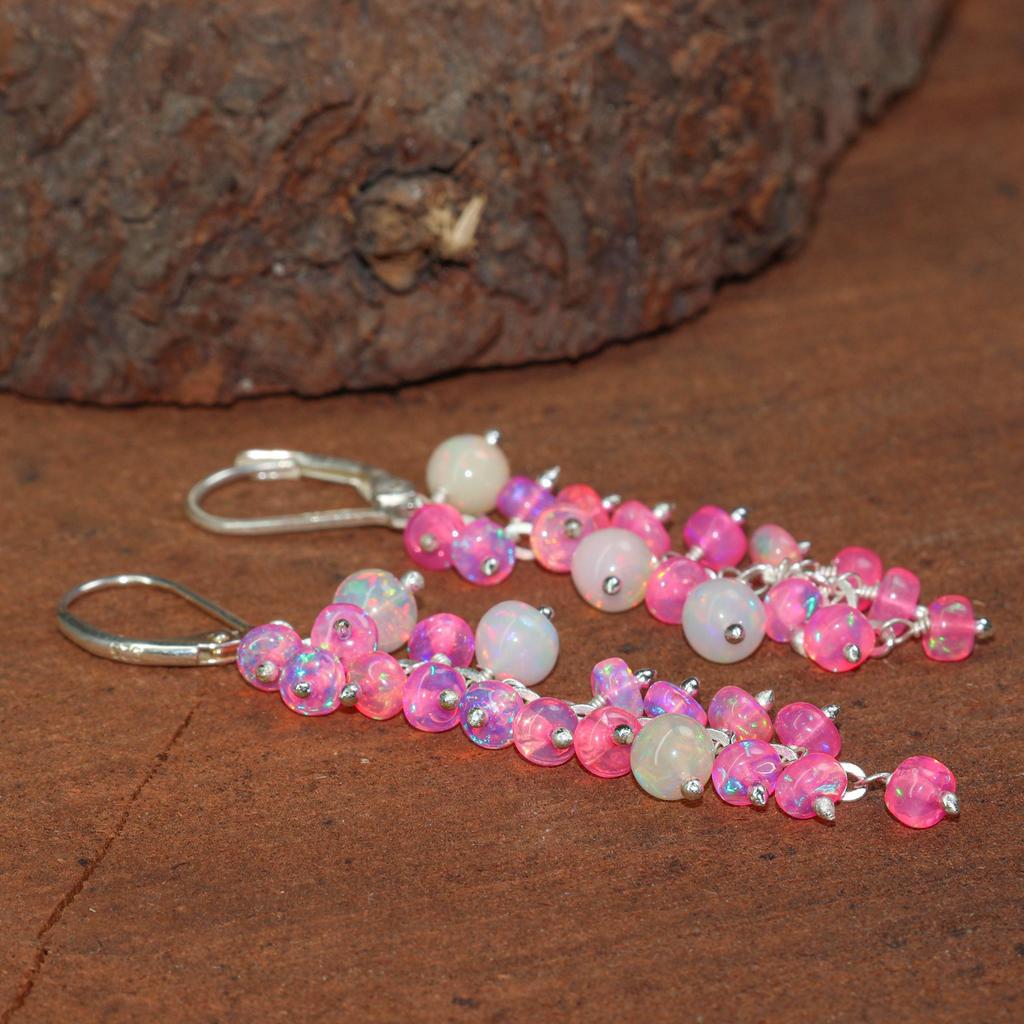 AAA Ethiopian White and Pink Opal Beads Cluster Earring, MultiFire Opal Round Beads Earring, Opal Smooth Earring for Women, Delicate Earring