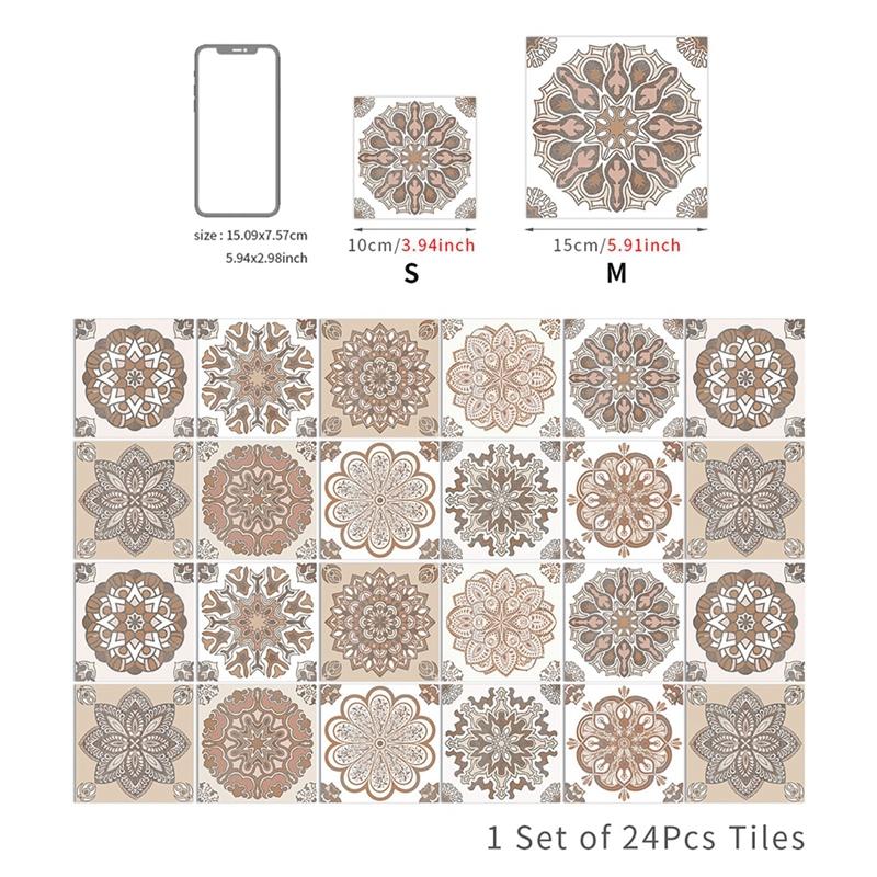 24PCS Moroccan Wall Sticker Self-adhesive Tile Stickers for Kitchen Bathroom Mandala Patterned Art Waterproof Wall Sticker Decal