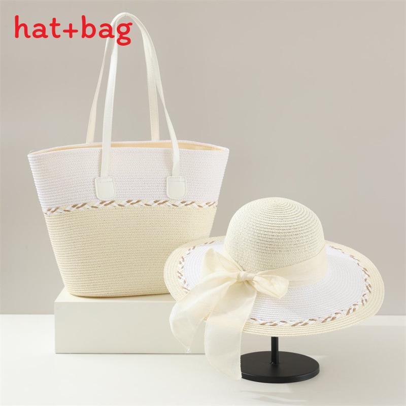 Woven Sun Hat And Large Capacity Straw Tote With Striped Pattern For Travel And Casual Wear