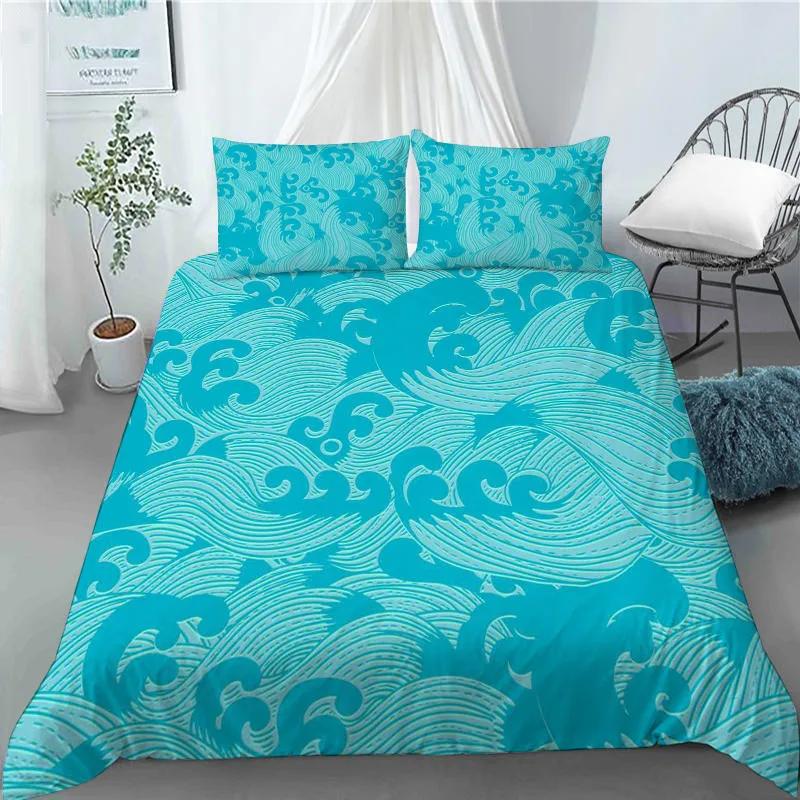 3D Japanese Wave Pattern Duvet Cover Set Fashion Polyester Quilt Cover With Pillowcase For Children Women Home Room Decor Gifts