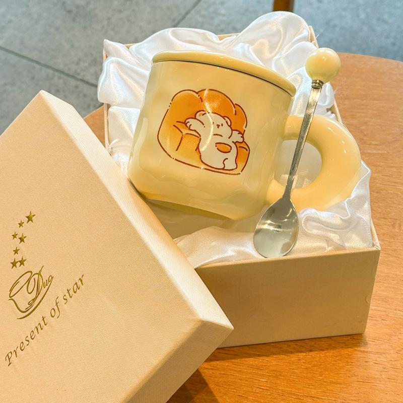 Cute Milk Fufu Cute Mug with Lid Spoon Girls Household Ceramic Coffee Cup Student Breakfast Milk Cup