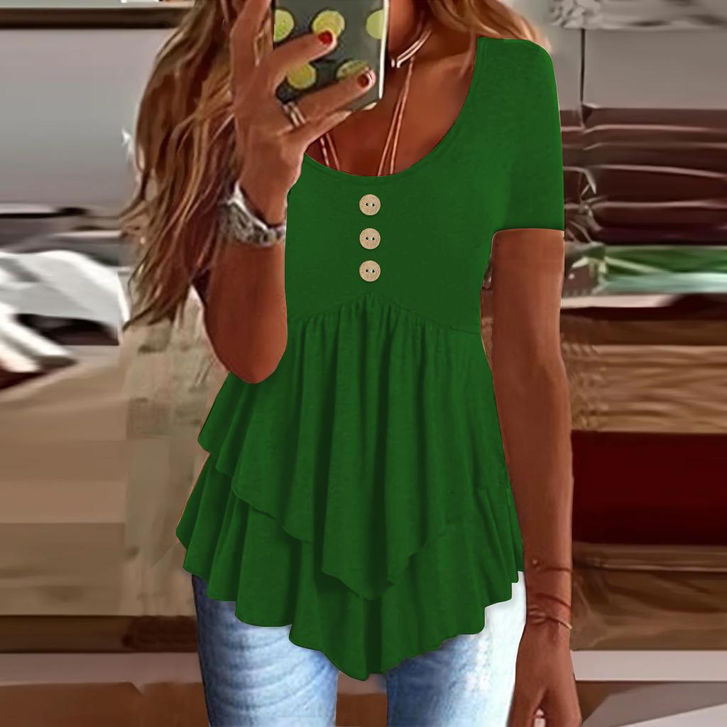 Women's Fashion Loose Three Button Casual Solid Colour Short Sleeve T-Shirt Top