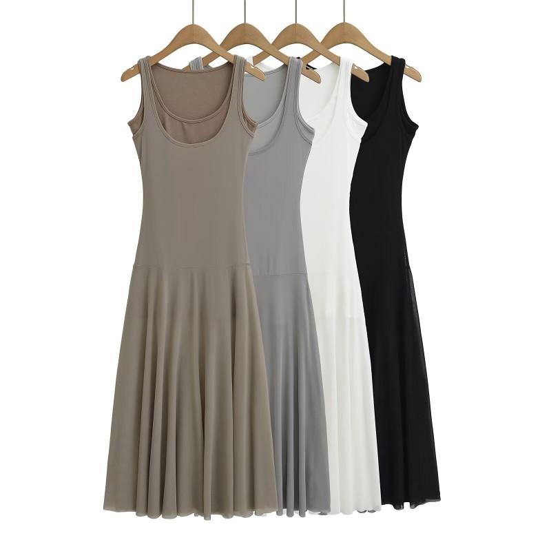 Womens Fashion Sleeveless Dress U-Neck Solid Color Slim Fit Mid-Length Vest