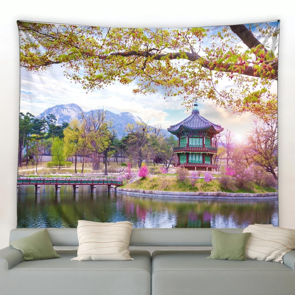 Chinese Style Landscape Architectural Wall Decoration Tapestry Home Living Room Tapestry