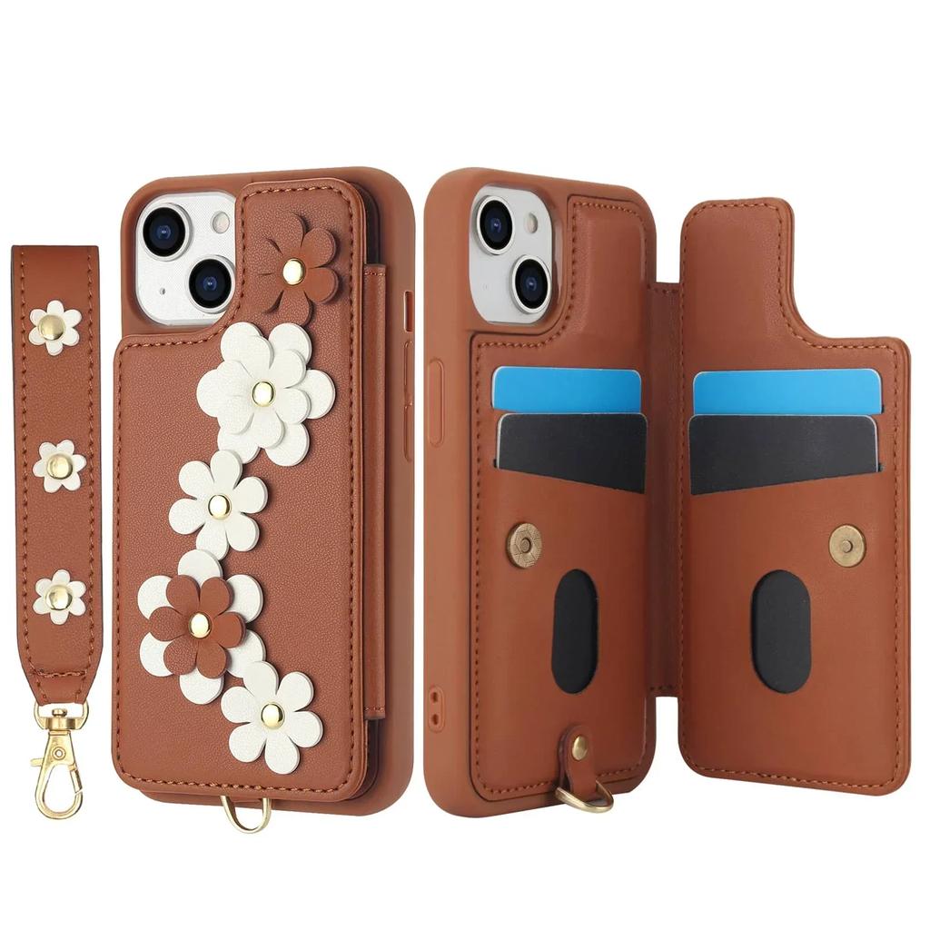 For iPhone 13 12 11 Pro Max SE 2026 7 8 Plus X XS XR XS Max Case, Wallet with Card Holder, Cute Flower Design Crossbody Purse