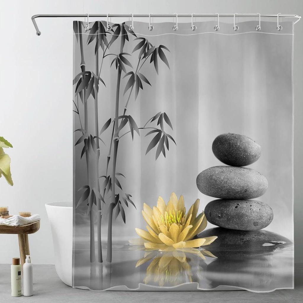 Zen Spa Shower Curtain Grey Bamboo Stone with Teal Water Lily In Water Bathroom Shower Curtain Teal and Gray Bathroom Curtain