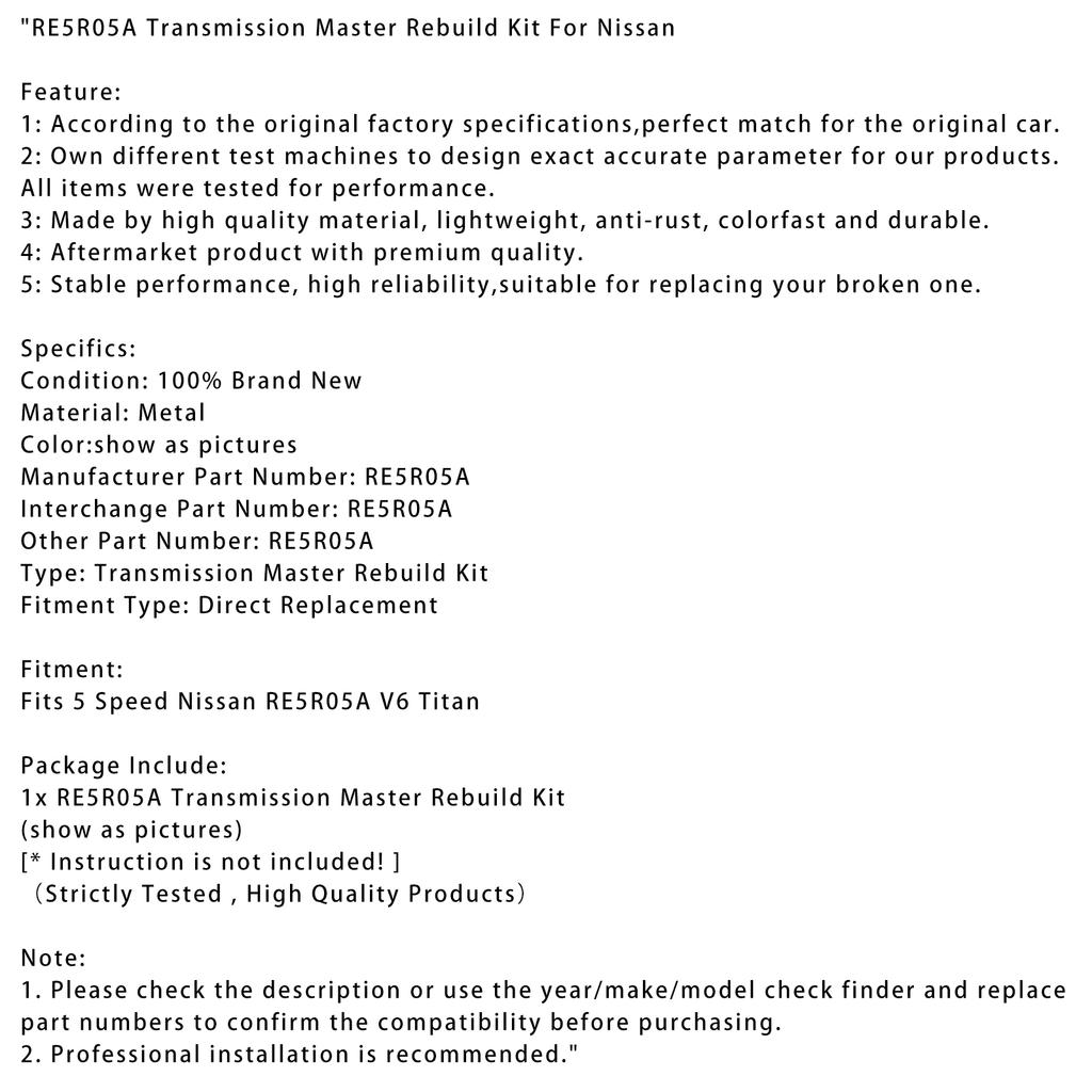 RE5R05A Transmission Master Rebuild Kit For Nissan